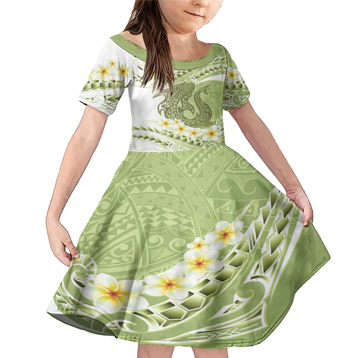 Green Hawaii Shark Tattoo Family Matching Mermaid Dress and Hawaiian Shirt Frangipani With Polynesian Pastel Version
