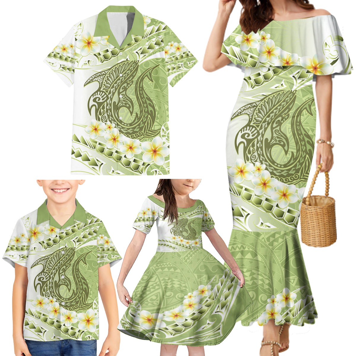 Green Hawaii Shark Tattoo Family Matching Mermaid Dress and Hawaiian Shirt Frangipani With Polynesian Pastel Version