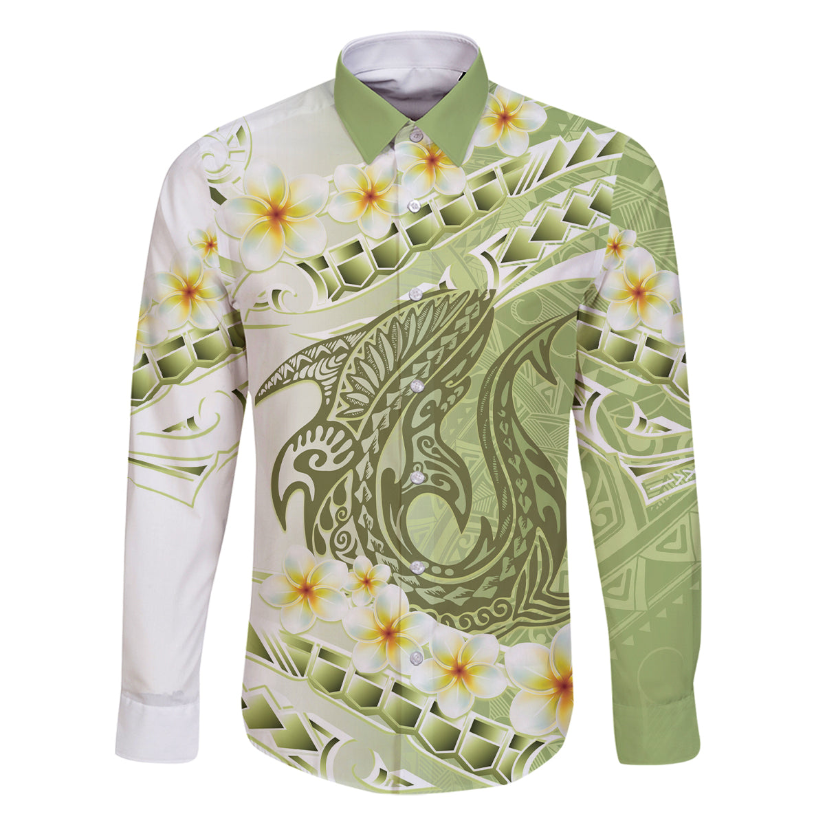 Green Hawaii Shark Tattoo Family Matching Mermaid Dress and Hawaiian Shirt Frangipani With Polynesian Pastel Version