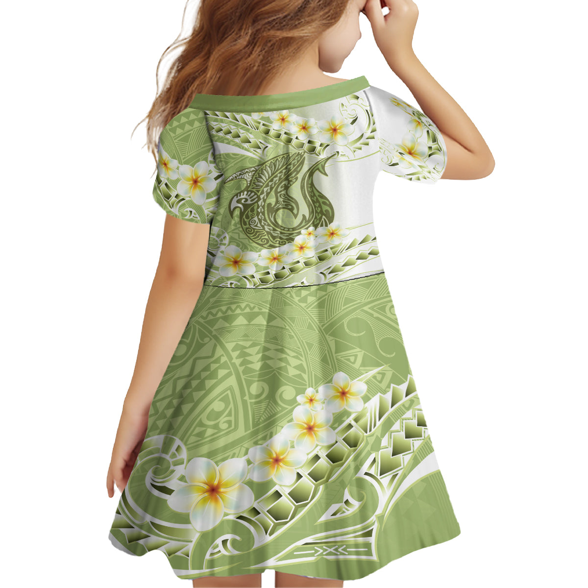 Green Hawaii Shark Tattoo Family Matching Off The Shoulder Long Sleeve Dress and Hawaiian Shirt Frangipani With Polynesian Pastel Version