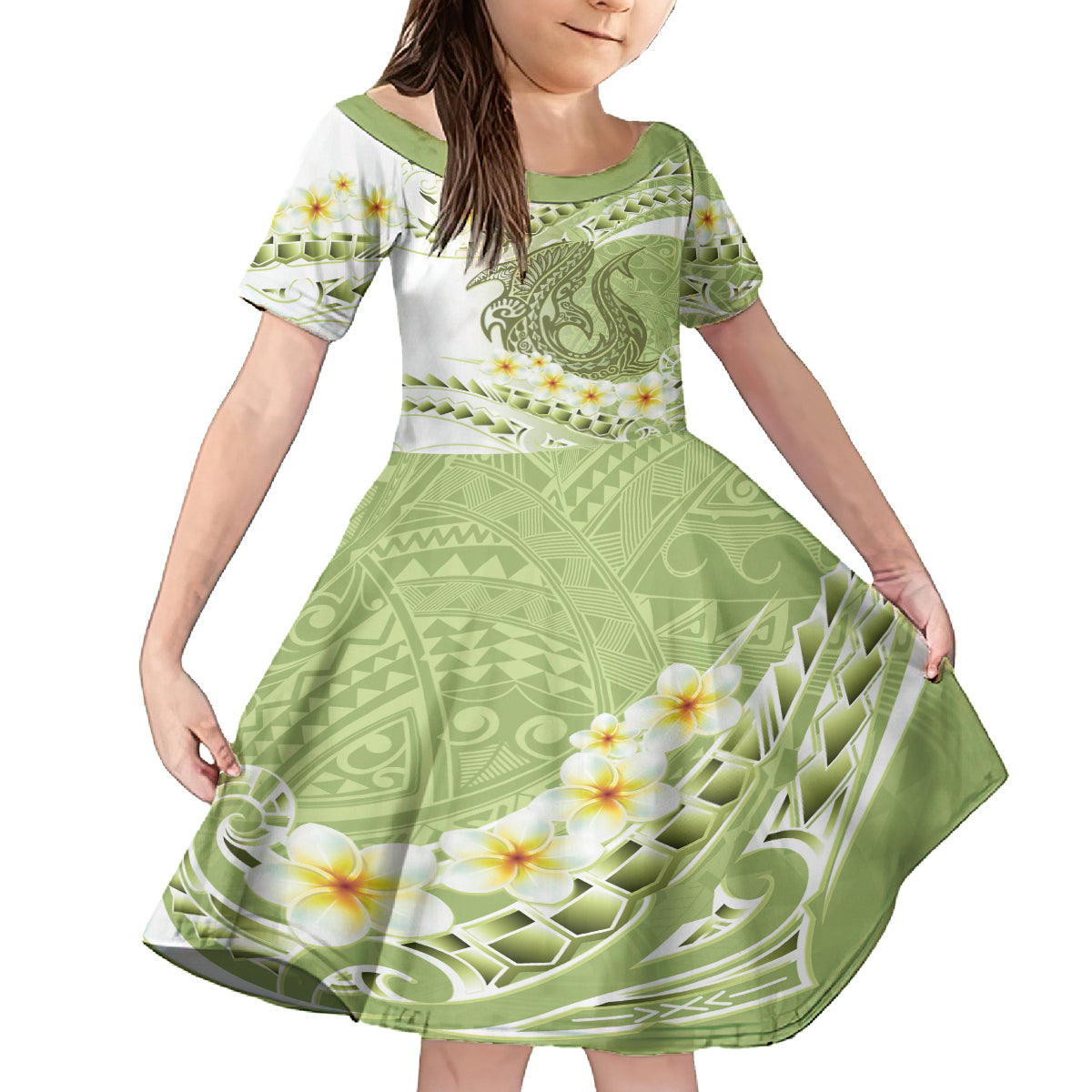 Green Hawaii Shark Tattoo Family Matching Off Shoulder Maxi Dress and Hawaiian Shirt Frangipani With Polynesian Pastel Version