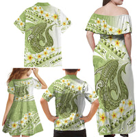Green Hawaii Shark Tattoo Family Matching Off Shoulder Maxi Dress and Hawaiian Shirt Frangipani With Polynesian Pastel Version