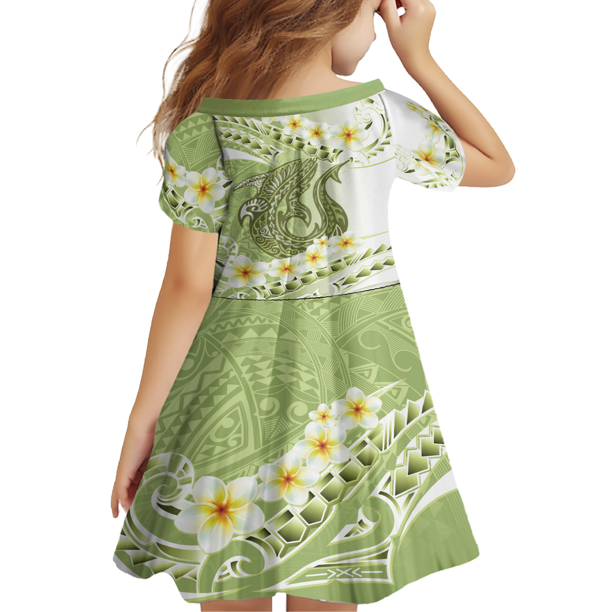 Green Hawaii Shark Tattoo Family Matching Short Sleeve Bodycon Dress and Hawaiian Shirt Frangipani With Polynesian Pastel Version