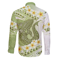 Green Hawaii Shark Tattoo Family Matching Tank Maxi Dress and Hawaiian Shirt Frangipani With Polynesian Pastel Version