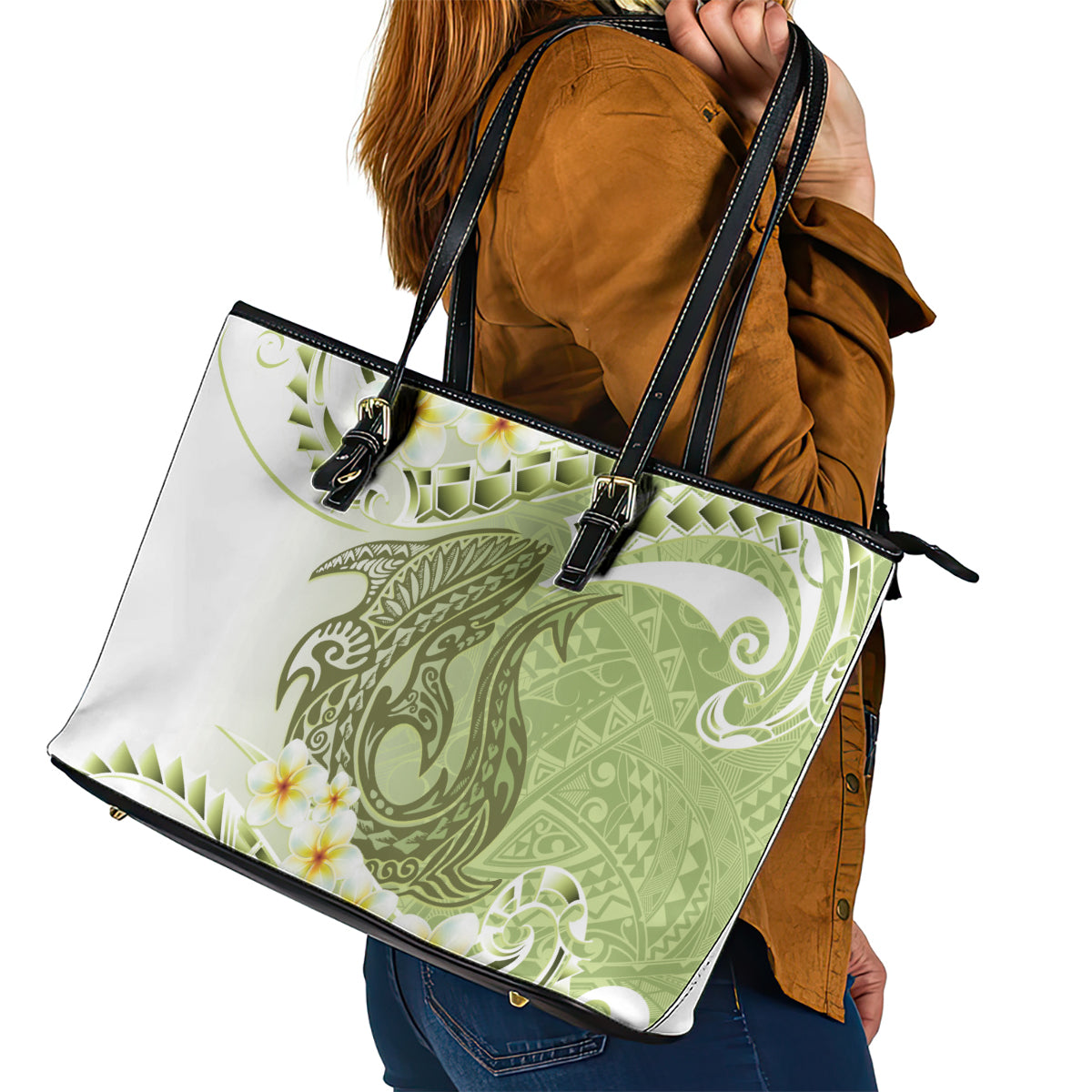 Green Hawaii Shark Tattoo Leather Tote Bag Frangipani With Polynesian Pastel Version