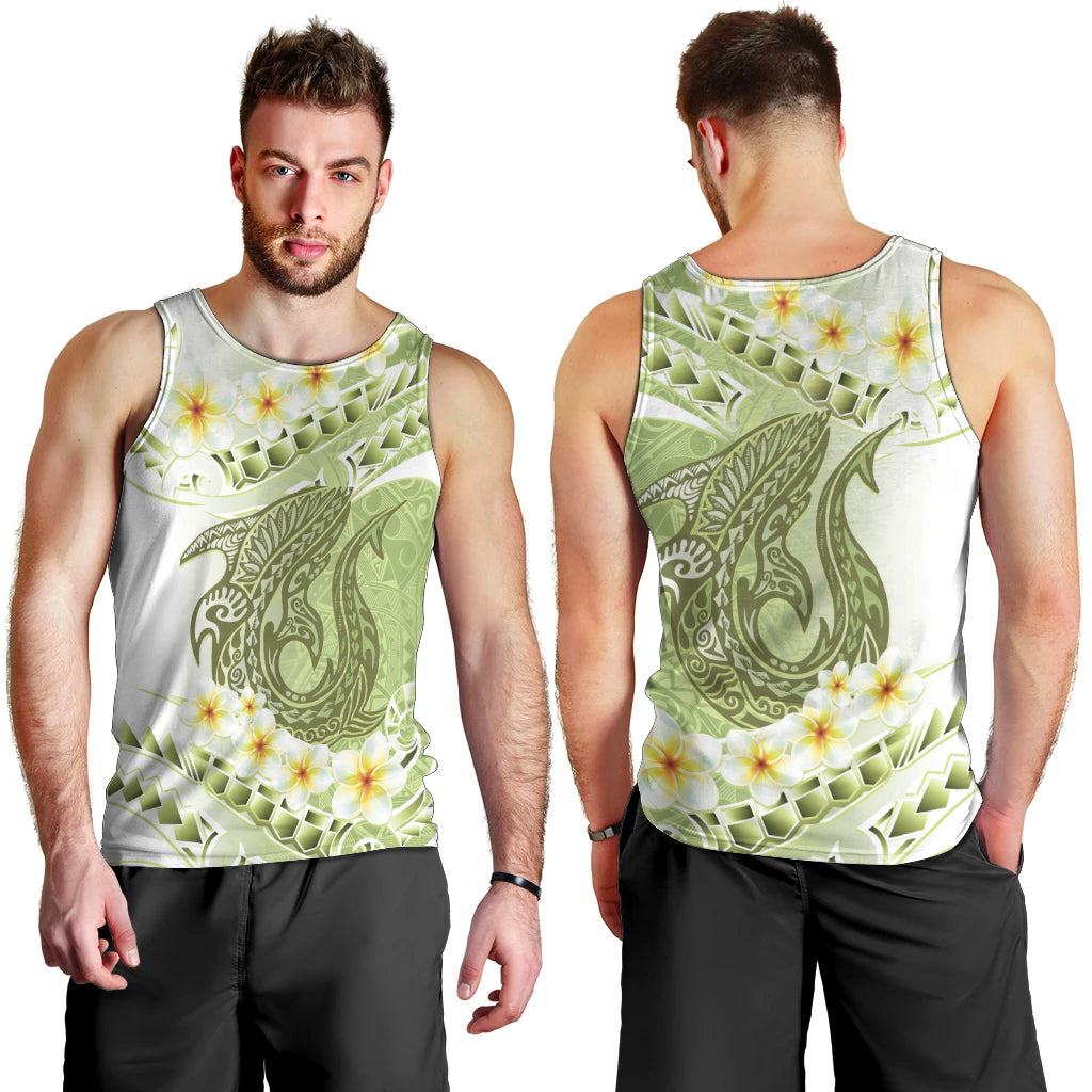 Green Hawaii Shark Tattoo Men Tank Top Frangipani With Polynesian Pastel Version