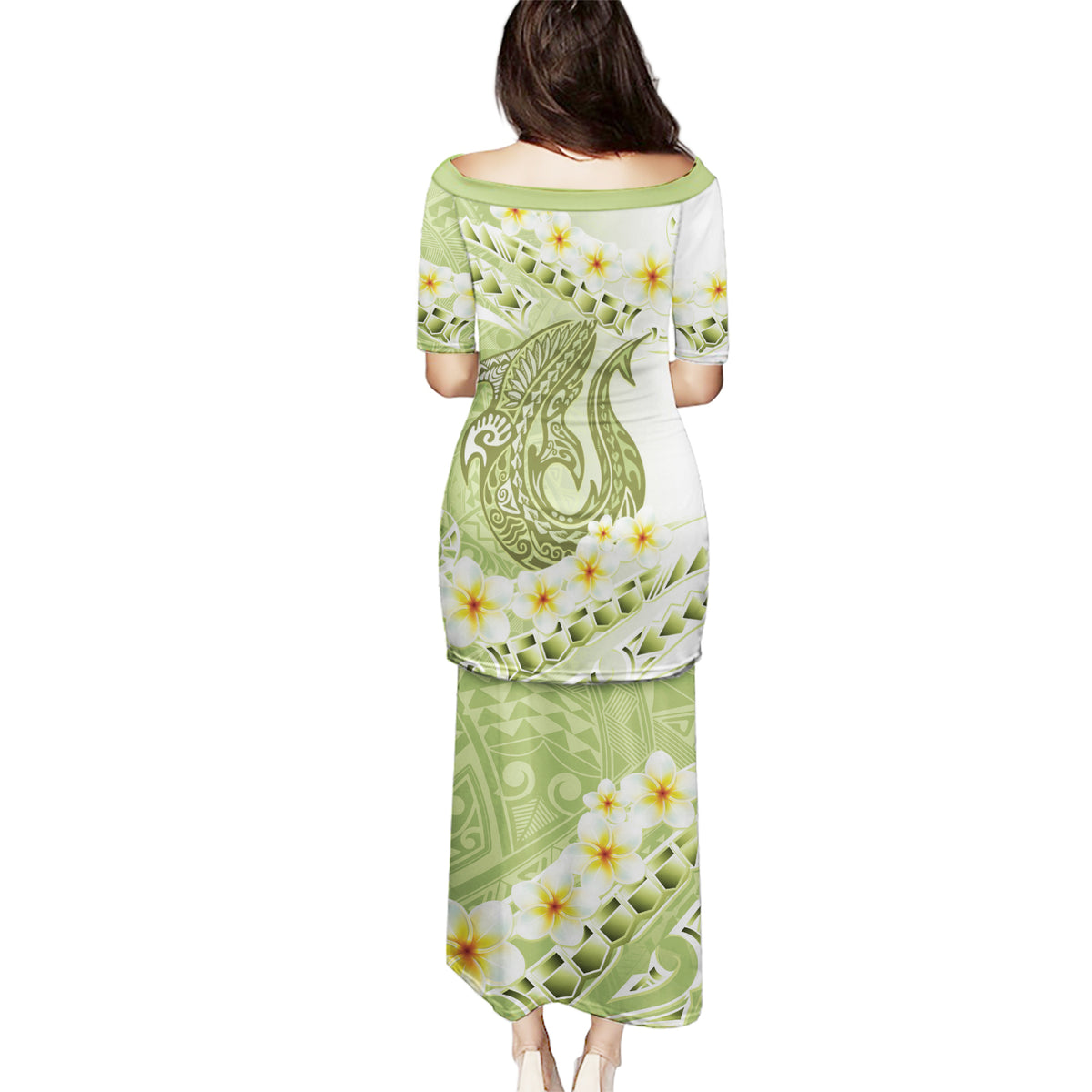 Green Hawaii Shark Tattoo Puletasi Frangipani With Polynesian Pastel Version