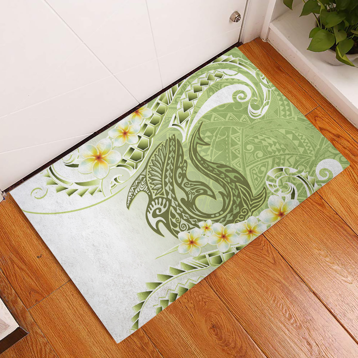 Green Hawaii Shark Tattoo Rubber Doormat Frangipani With Polynesian Pastel Version