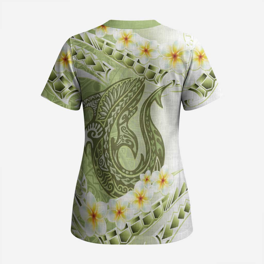 Green Hawaii Shark Tattoo Scrub Top Frangipani With Polynesian Pastel Version - Polynesian Pride