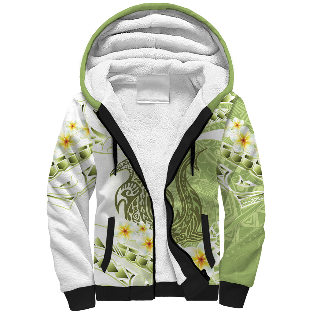 Green Hawaii Shark Tattoo Sherpa Hoodie Frangipani With Polynesian Pastel Version
