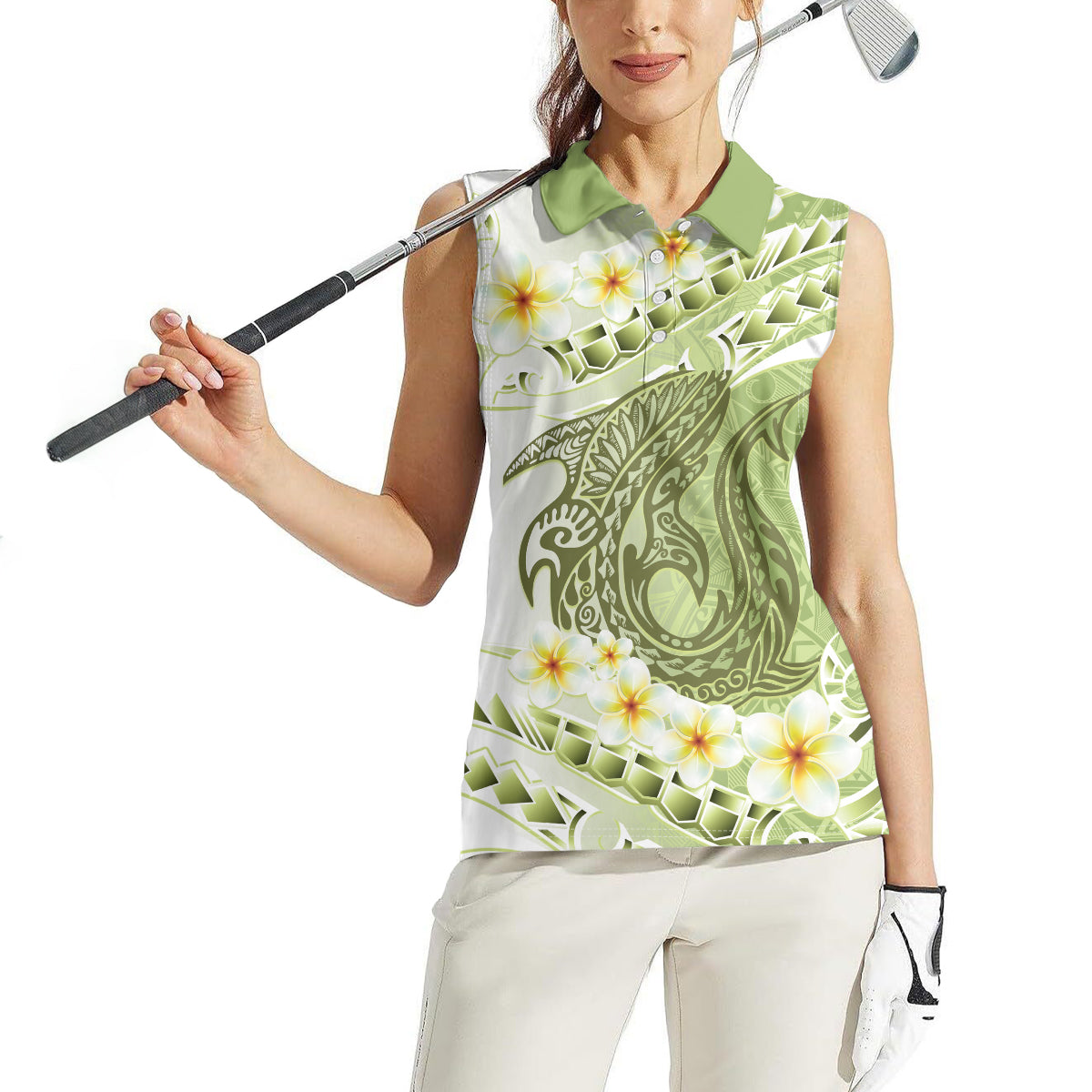 Green Hawaii Shark Tattoo Women Sleeveless Polo Shirt Frangipani With Polynesian Pastel Version