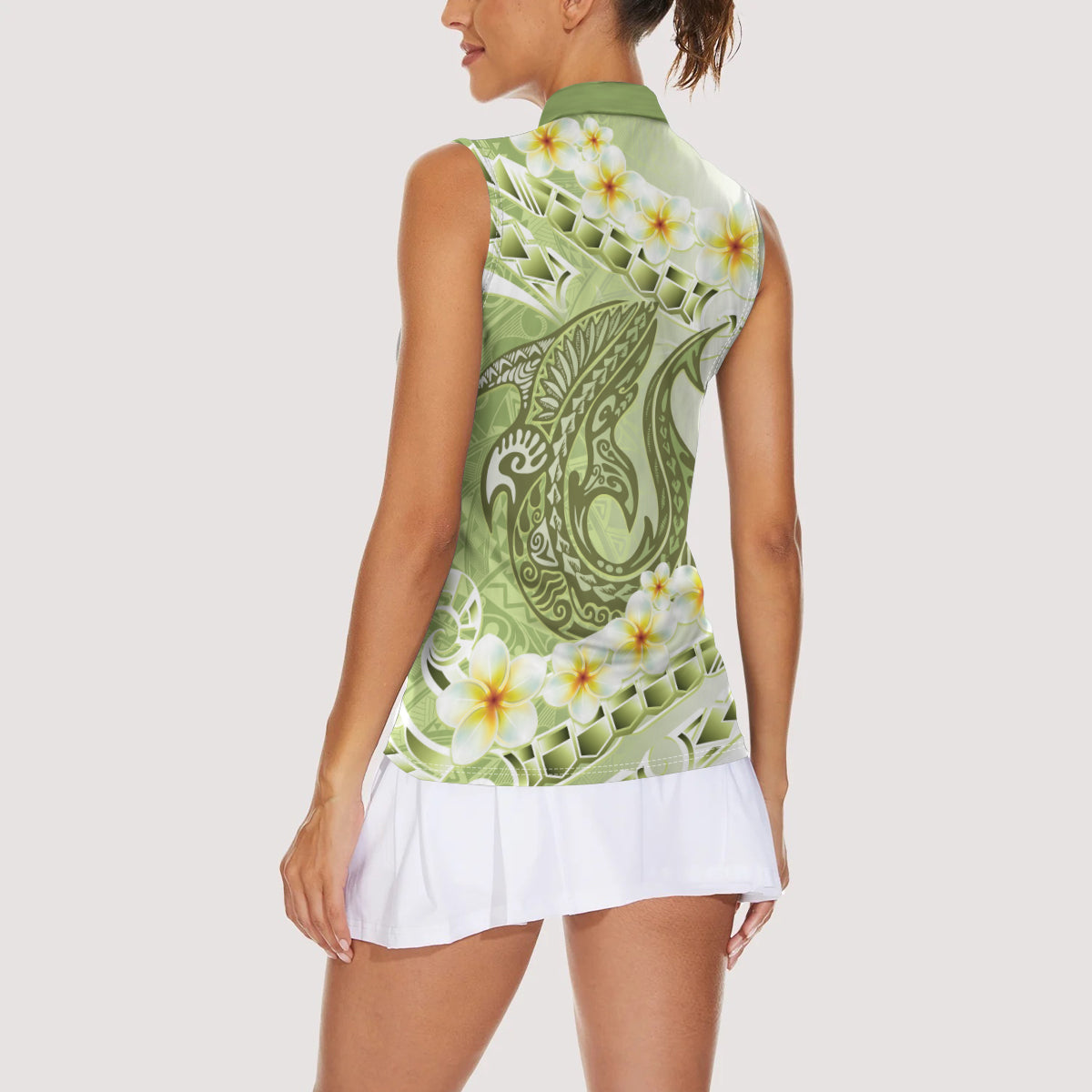 Green Hawaii Shark Tattoo Women Sleeveless Polo Shirt Frangipani With Polynesian Pastel Version