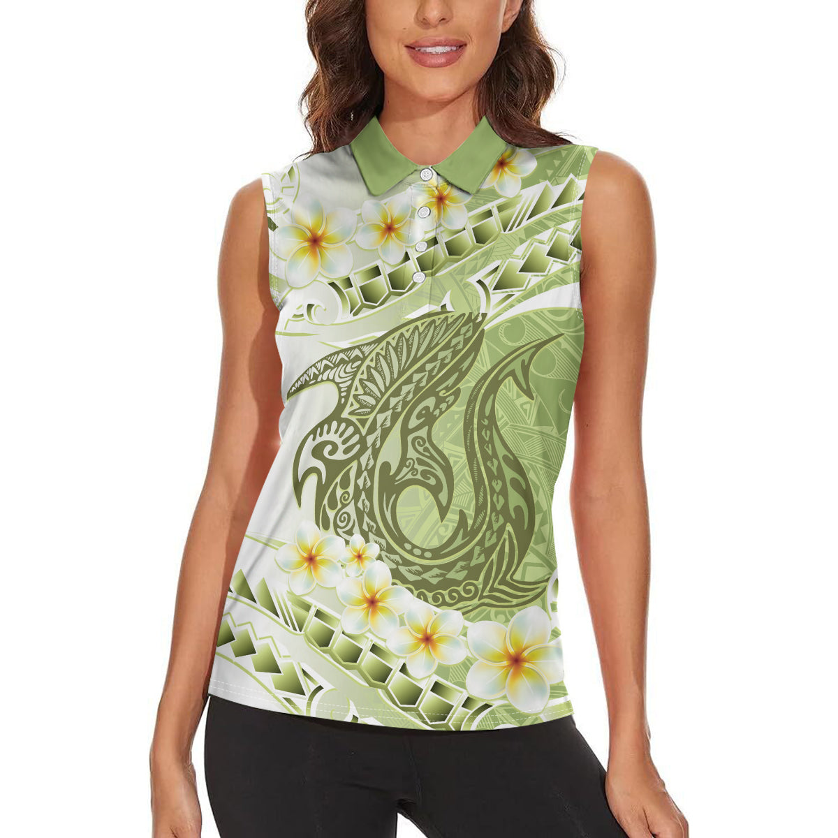 Green Hawaii Shark Tattoo Women Sleeveless Polo Shirt Frangipani With Polynesian Pastel Version
