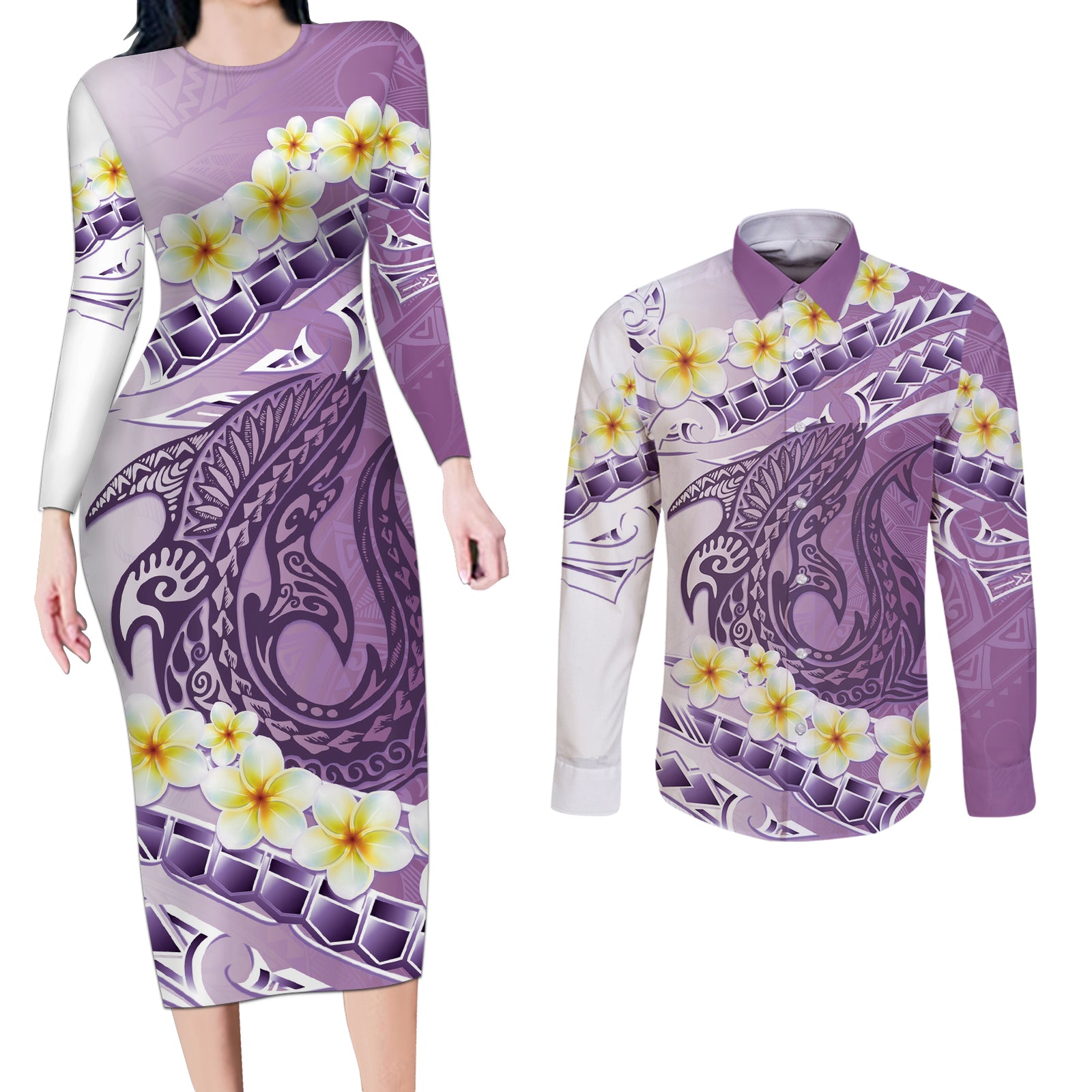 Purple Hawaii Shark Tattoo Couples Matching Long Sleeve Bodycon Dress and Long Sleeve Button Shirt Frangipani With Polynesian Pastel Version