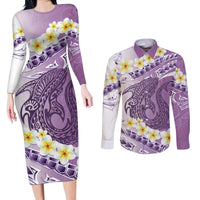 Purple Hawaii Shark Tattoo Couples Matching Long Sleeve Bodycon Dress and Long Sleeve Button Shirt Frangipani With Polynesian Pastel Version