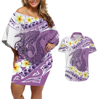 Purple Hawaii Shark Tattoo Couples Matching Off Shoulder Short Dress and Hawaiian Shirt Frangipani With Polynesian Pastel Version