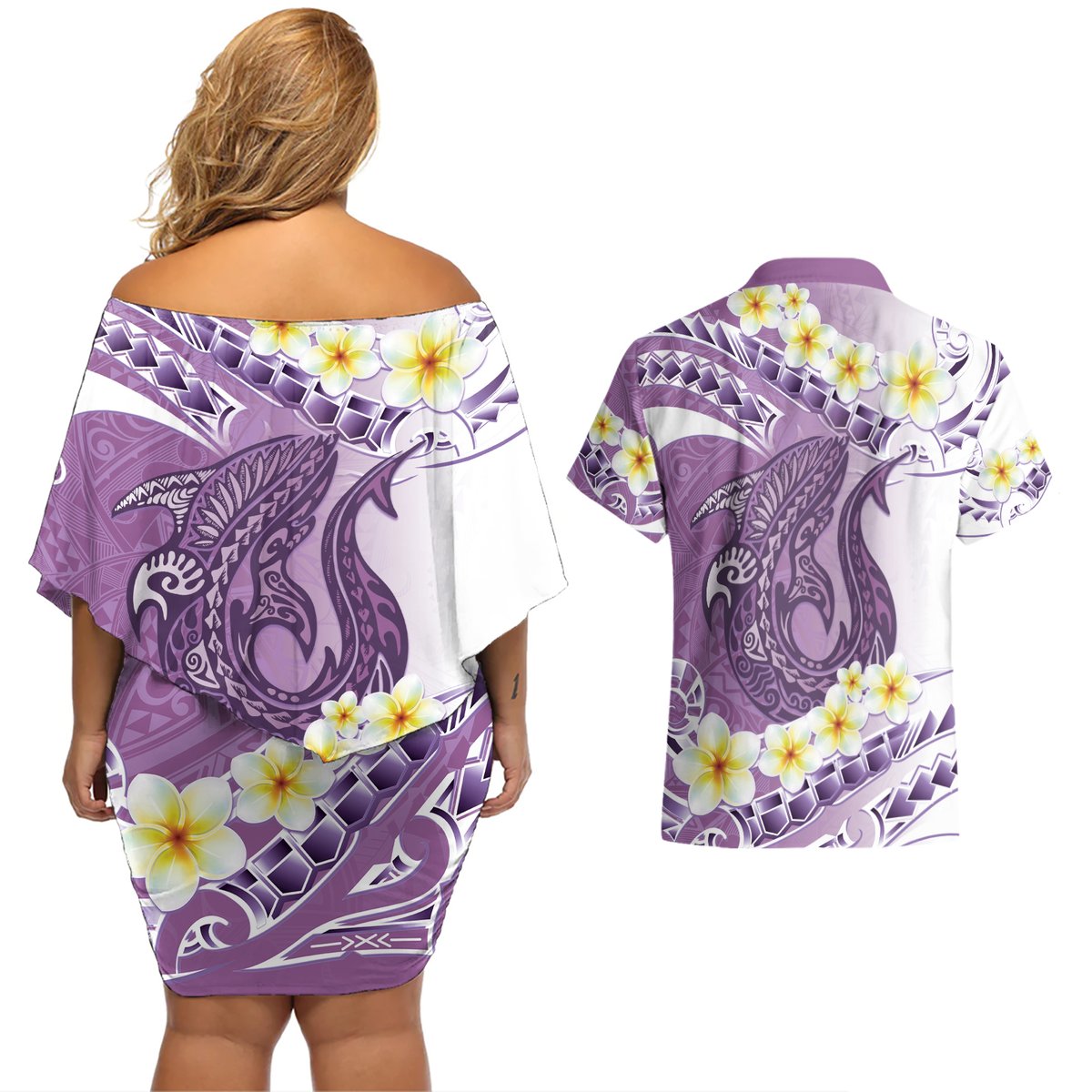 Purple Hawaii Shark Tattoo Couples Matching Off Shoulder Short Dress and Hawaiian Shirt Frangipani With Polynesian Pastel Version