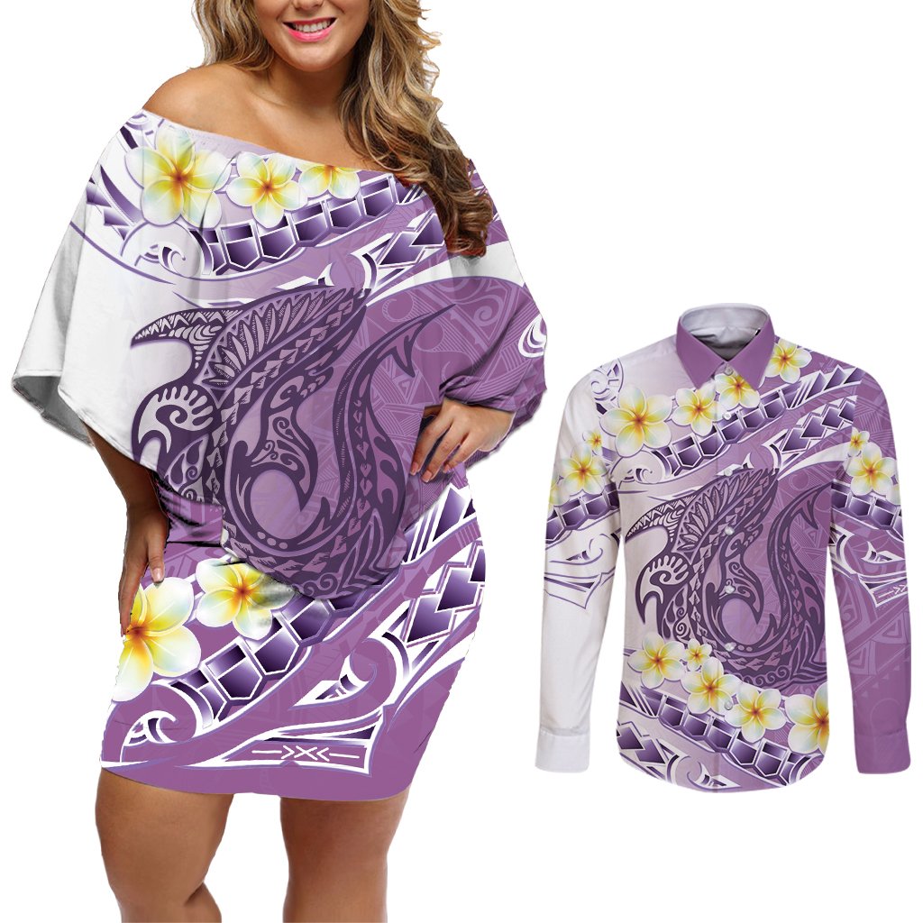 Purple Hawaii Shark Tattoo Couples Matching Off Shoulder Short Dress and Long Sleeve Button Shirt Frangipani With Polynesian Pastel Version