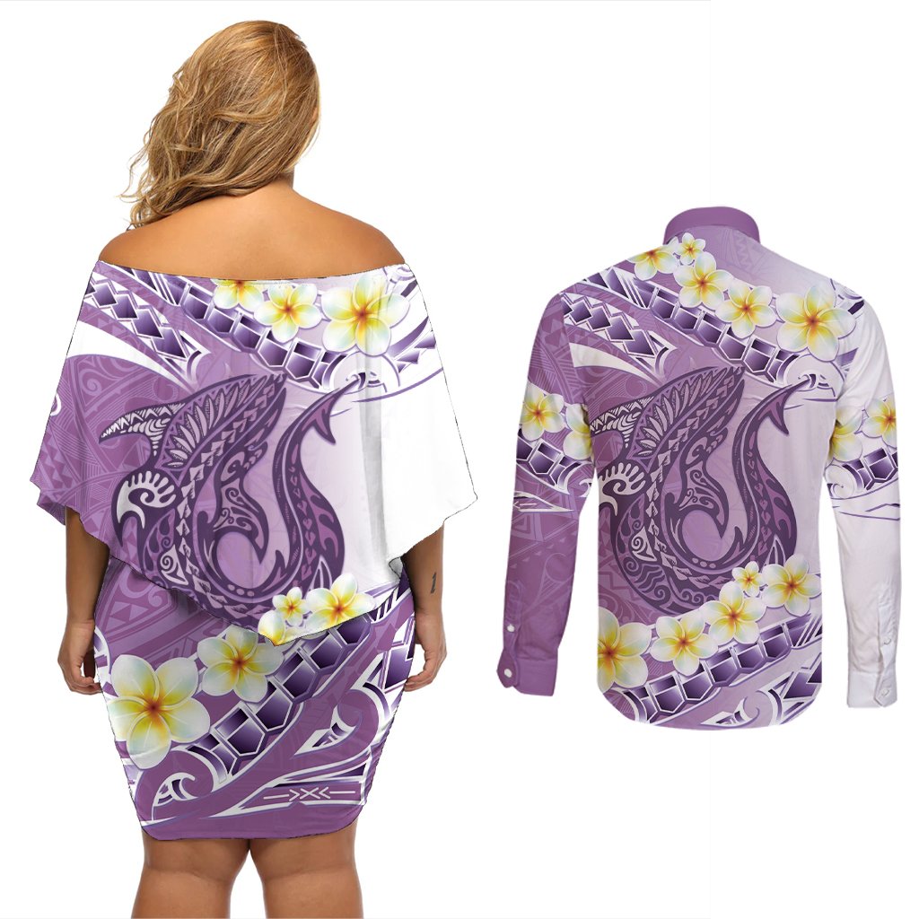 Purple Hawaii Shark Tattoo Couples Matching Off Shoulder Short Dress and Long Sleeve Button Shirt Frangipani With Polynesian Pastel Version