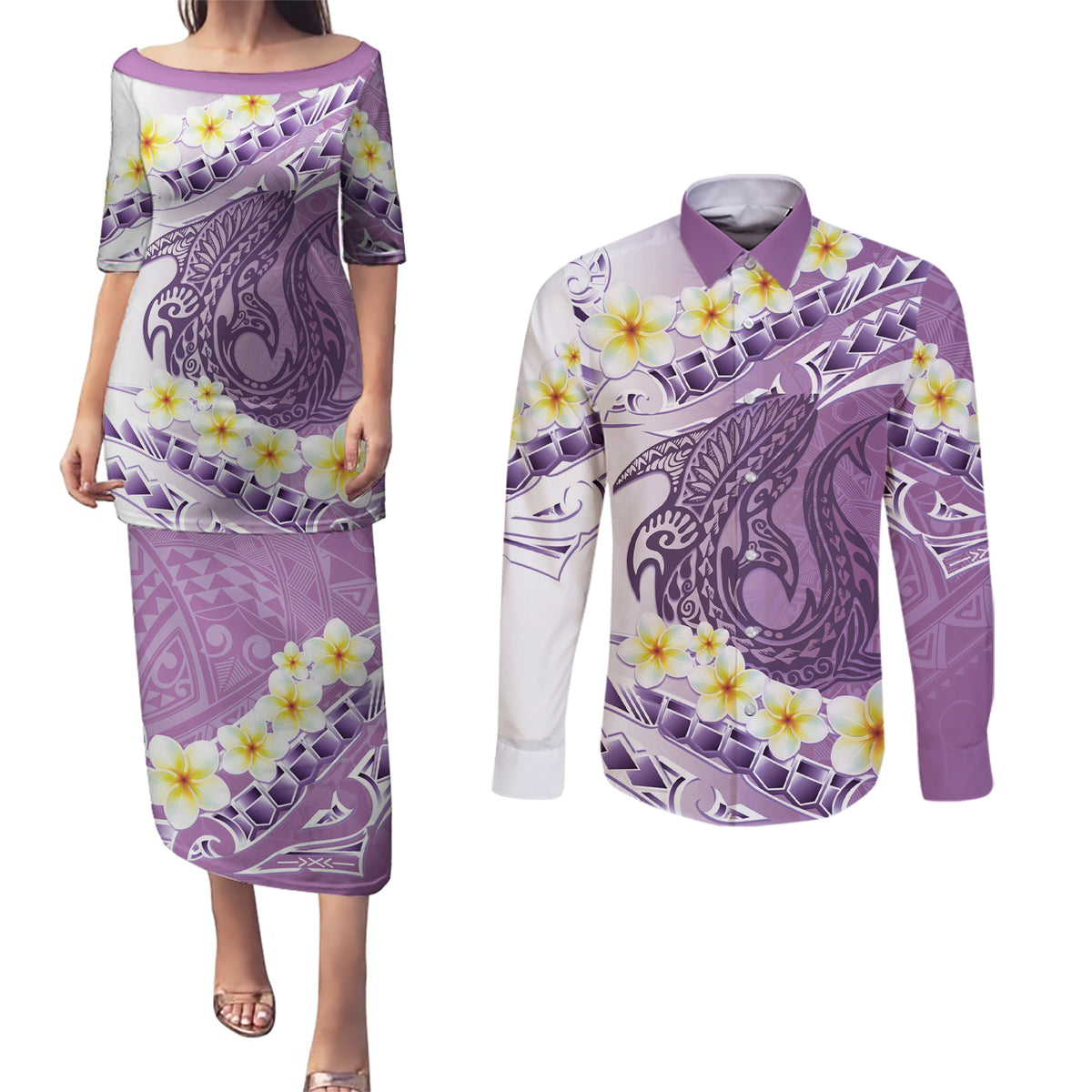 Purple Hawaii Shark Tattoo Couples Matching Puletasi and Long Sleeve Button Shirt Frangipani With Polynesian Pastel Version