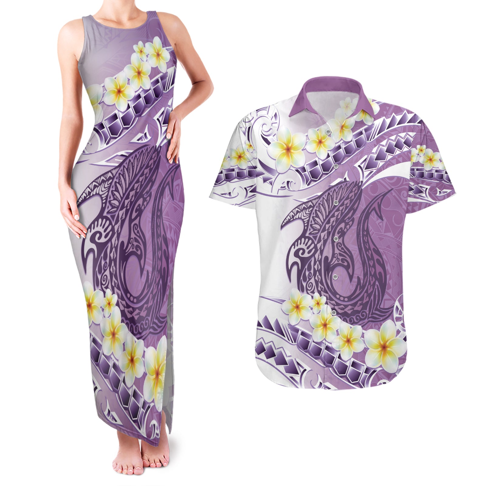Purple Hawaii Shark Tattoo Couples Matching Tank Maxi Dress and Hawaiian Shirt Frangipani With Polynesian Pastel Version