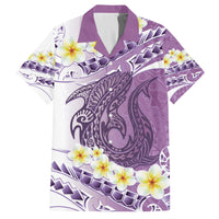 Purple Hawaii Shark Tattoo Family Matching Long Sleeve Bodycon Dress and Hawaiian Shirt Frangipani With Polynesian Pastel Version