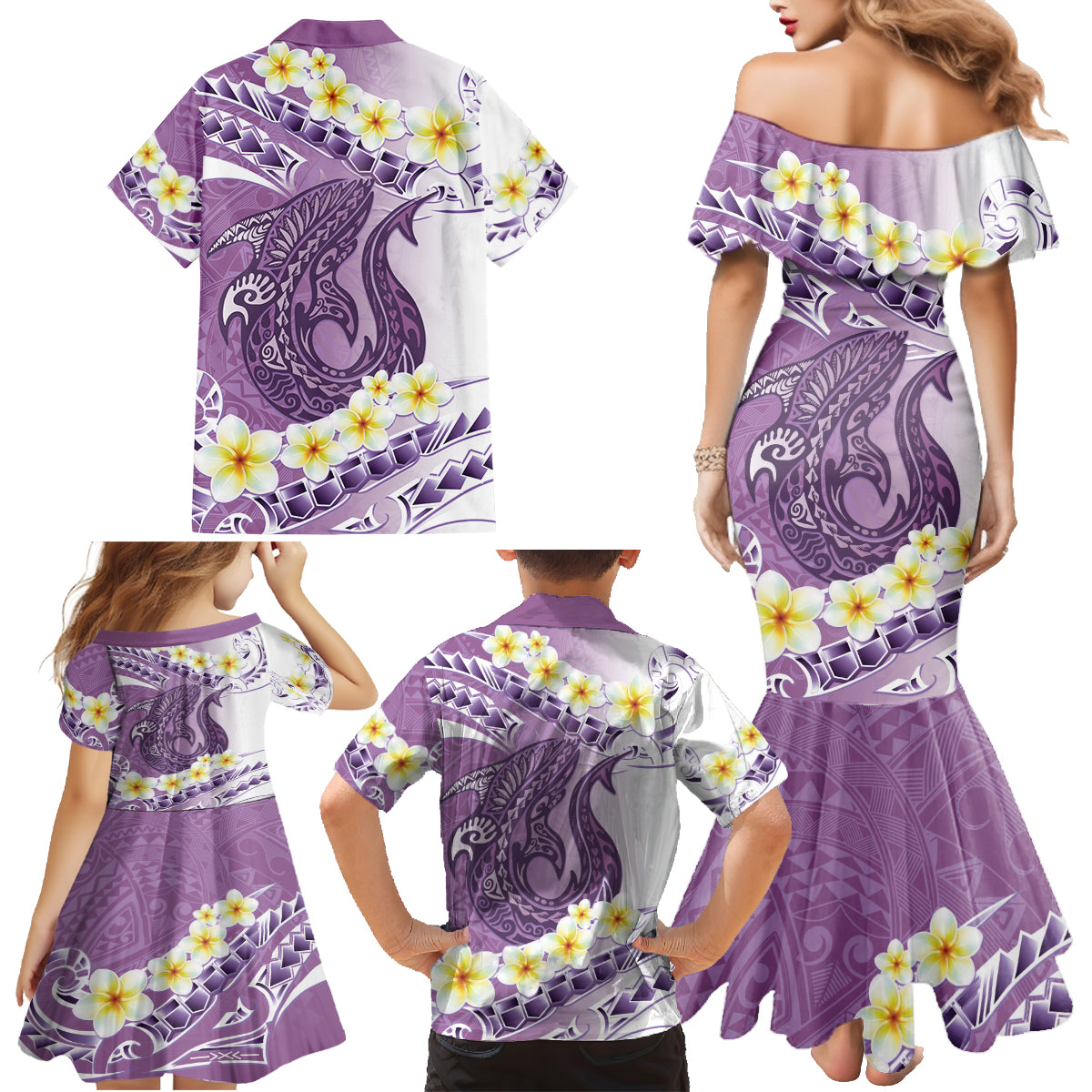 Purple Hawaii Shark Tattoo Family Matching Mermaid Dress and Hawaiian Shirt Frangipani With Polynesian Pastel Version