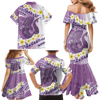 Purple Hawaii Shark Tattoo Family Matching Mermaid Dress and Hawaiian Shirt Frangipani With Polynesian Pastel Version