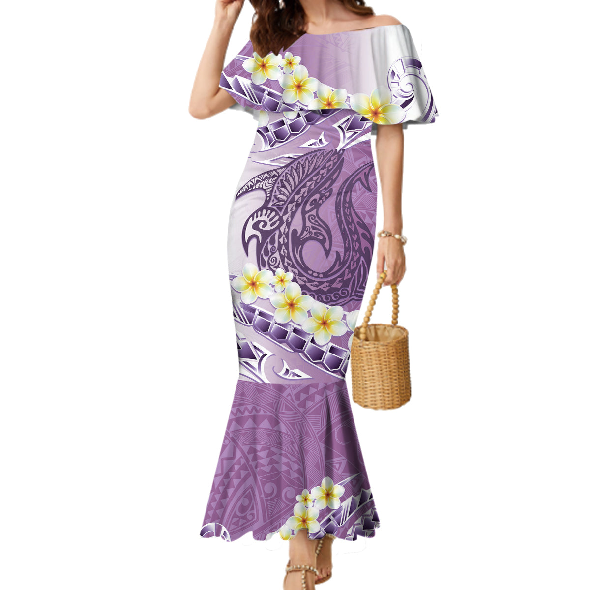 Purple Hawaii Shark Tattoo Family Matching Mermaid Dress and Hawaiian Shirt Frangipani With Polynesian Pastel Version
