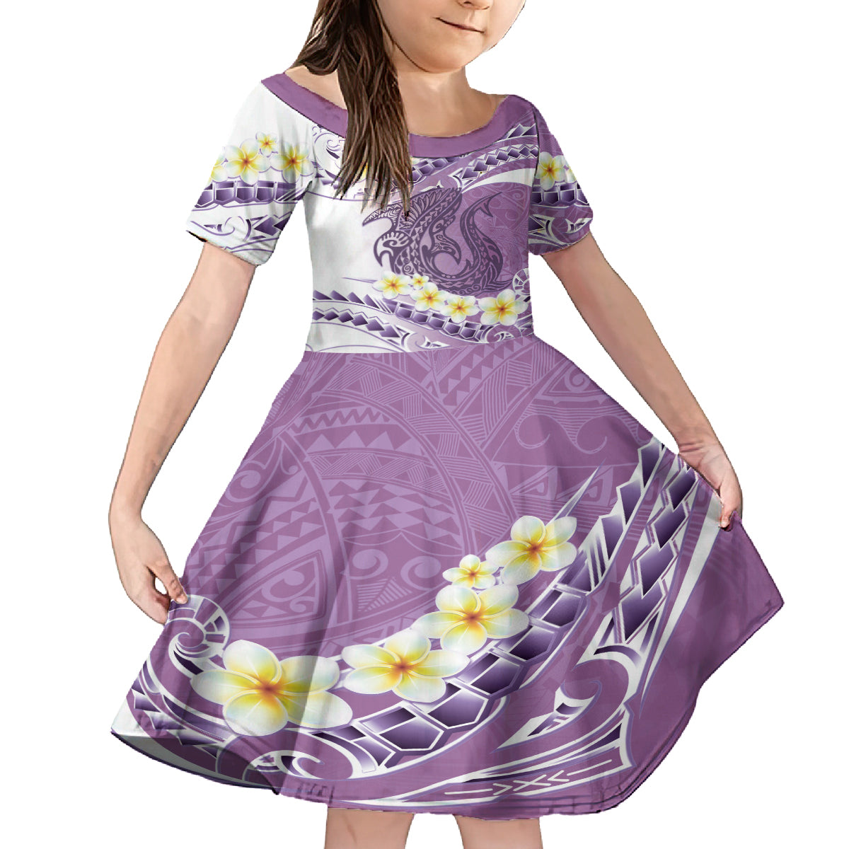 Purple Hawaii Shark Tattoo Family Matching Off Shoulder Short Dress and Hawaiian Shirt Frangipani With Polynesian Pastel Version