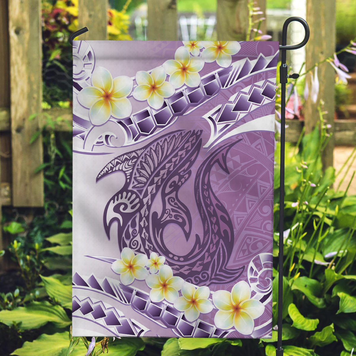 Purple Hawaii Shark Tattoo Garden Flag Frangipani With Polynesian Pastel Version LT14 Garden Flag Purple - Polynesian Pride