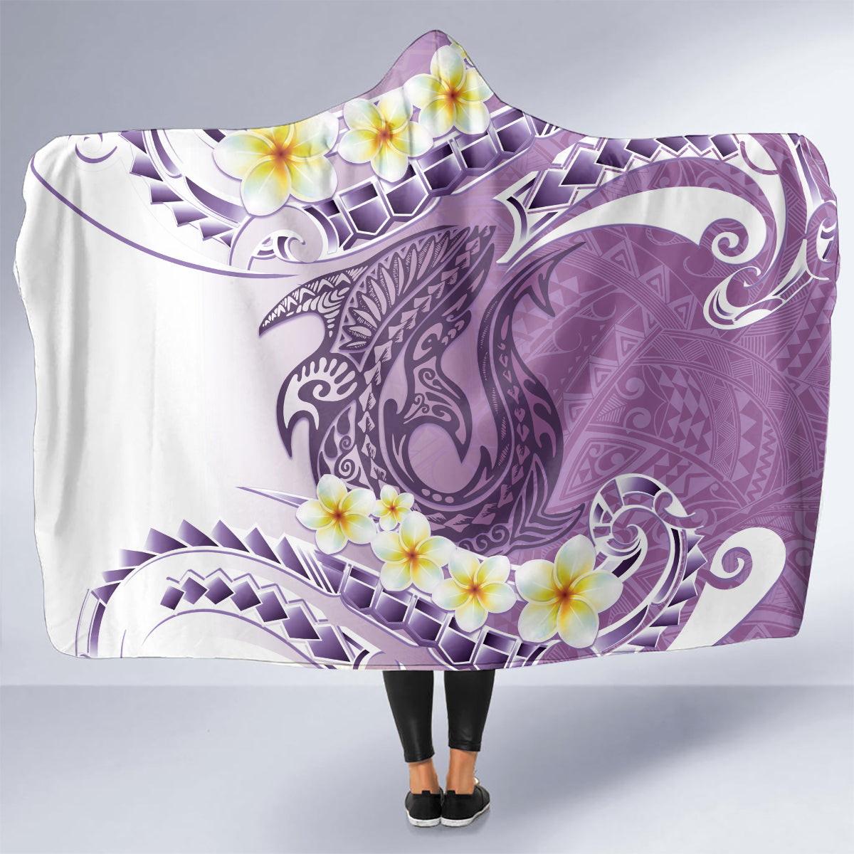 Purple Hawaii Shark Tattoo Hooded Blanket Frangipani With Polynesian Pastel Version LT14 - Polynesian Pride