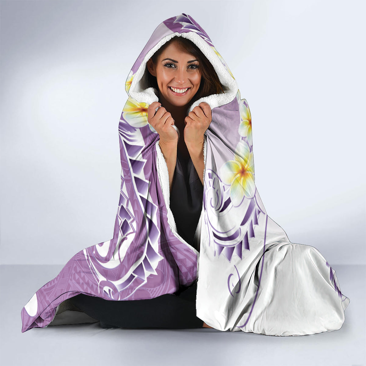 Purple Hawaii Shark Tattoo Hooded Blanket Frangipani With Polynesian Pastel Version LT14 - Polynesian Pride