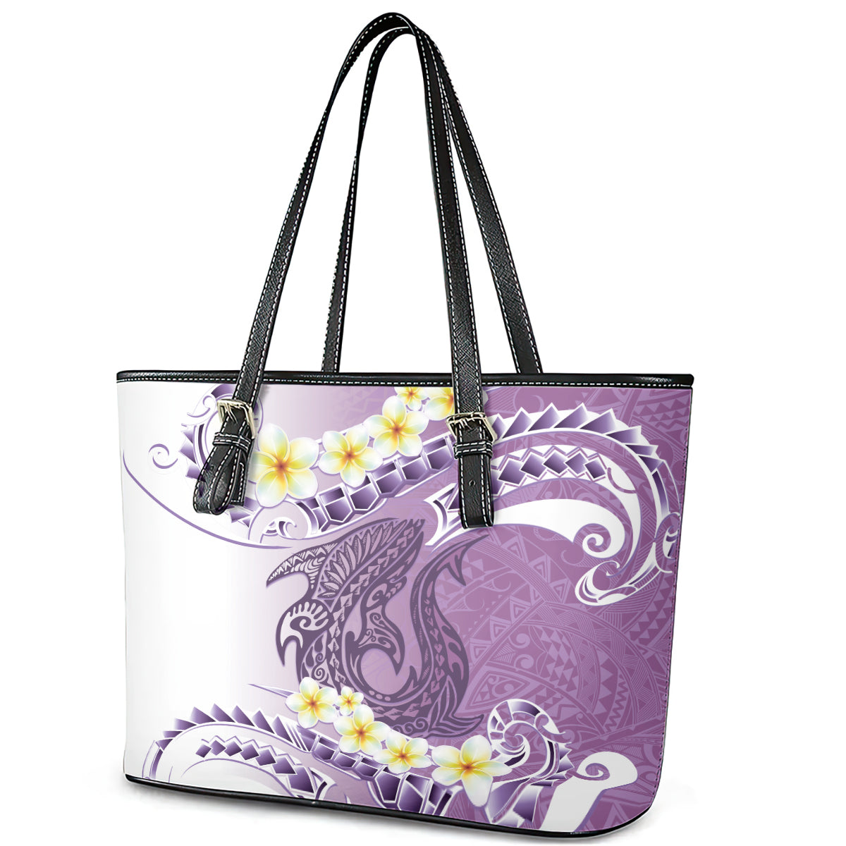 Purple Hawaii Shark Tattoo Leather Tote Bag Frangipani With Polynesian Pastel Version