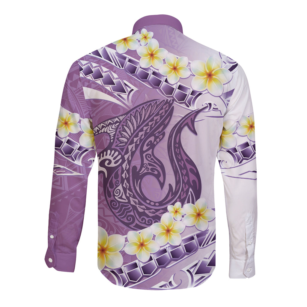 Purple Hawaii Shark Tattoo Long Sleeve Button Shirt Frangipani With Polynesian Pastel Version LT14 - Polynesian Pride