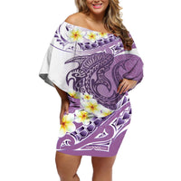 Purple Hawaii Shark Tattoo Off Shoulder Short Dress Frangipani With Polynesian Pastel Version