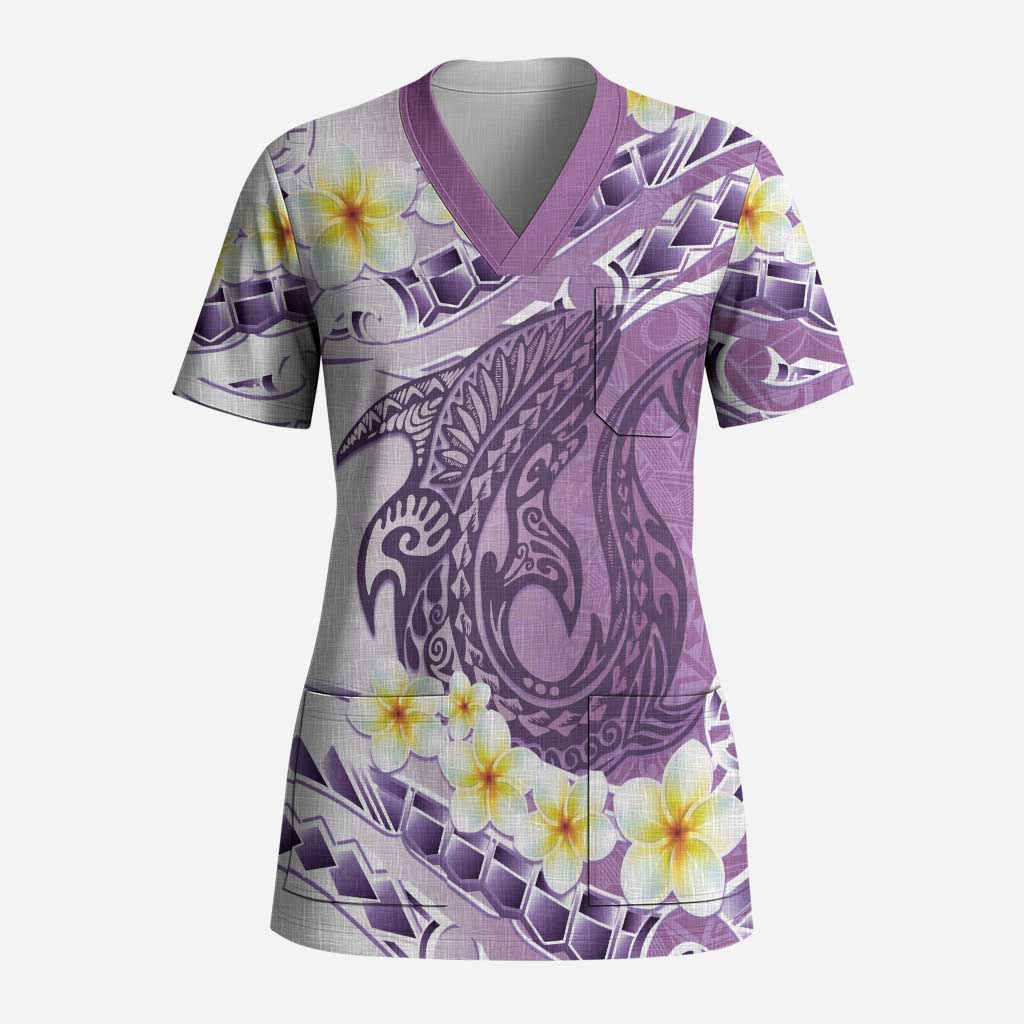 Purple Hawaii Shark Tattoo Scrub Top Frangipani With Polynesian Pastel Version - Polynesian Pride