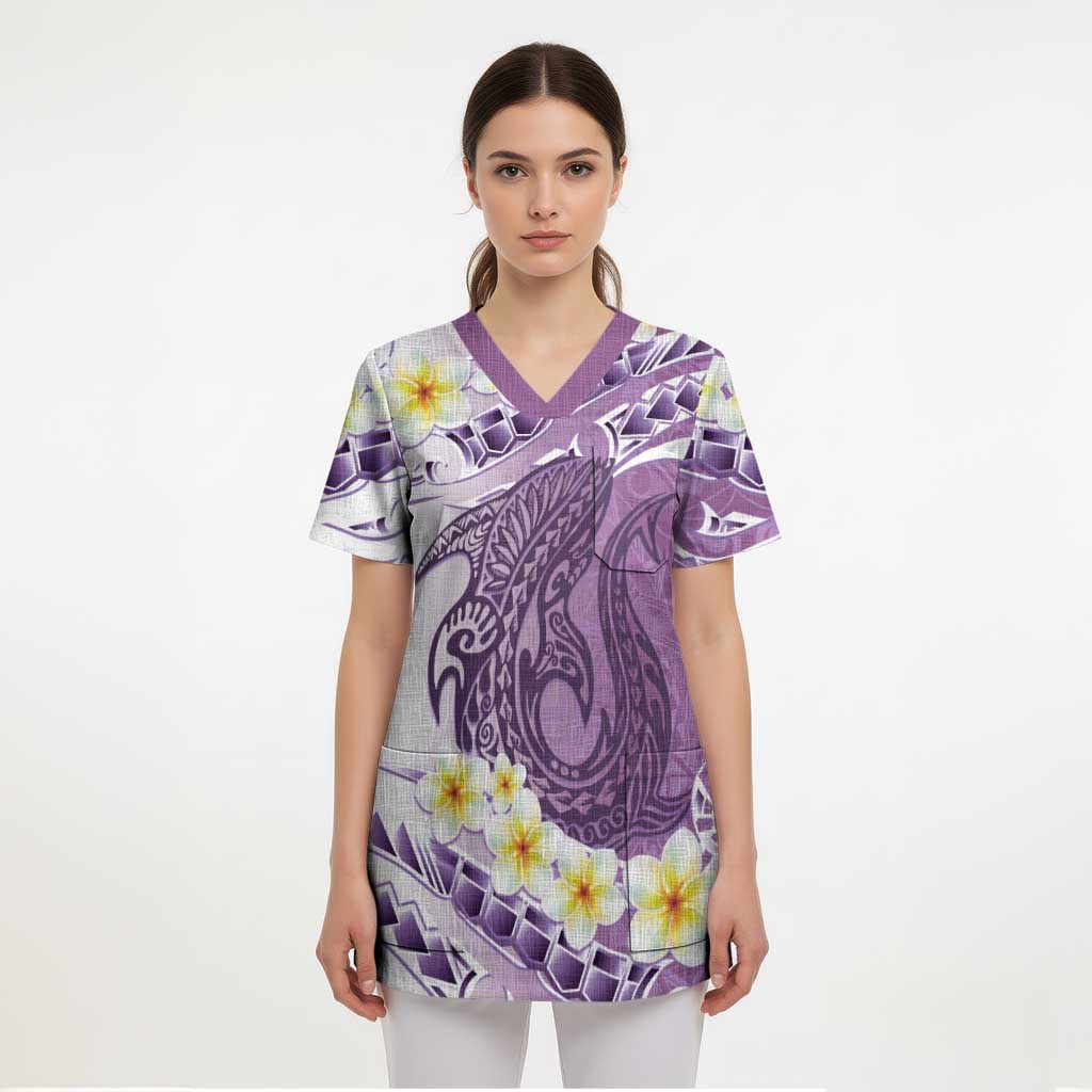 Purple Hawaii Shark Tattoo Scrub Top Frangipani With Polynesian Pastel Version - Polynesian Pride