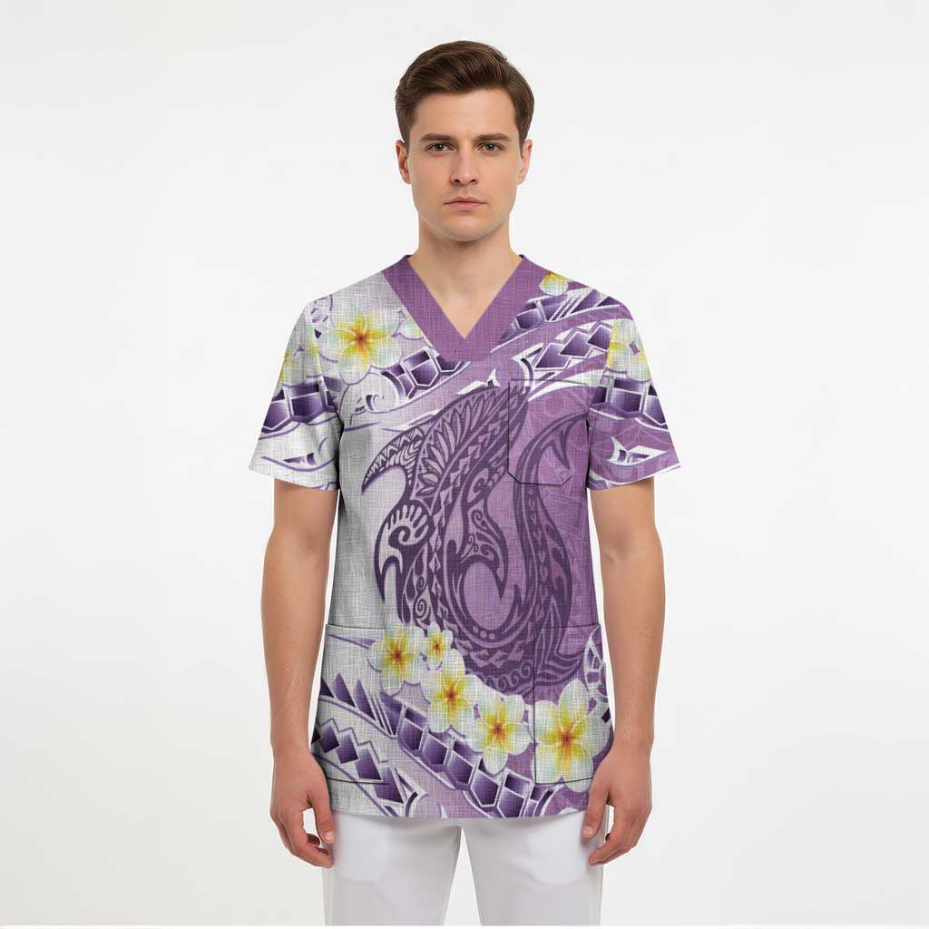 Purple Hawaii Shark Tattoo Scrub Top Frangipani With Polynesian Pastel Version - Polynesian Pride