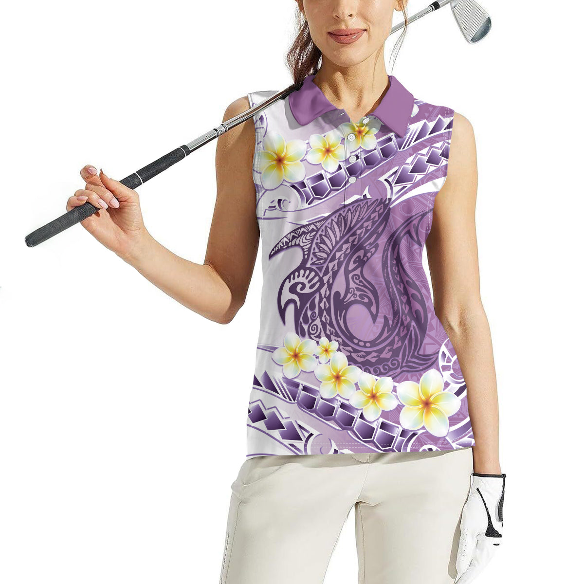 Purple Hawaii Shark Tattoo Women Sleeveless Polo Shirt Frangipani With Polynesian Pastel Version