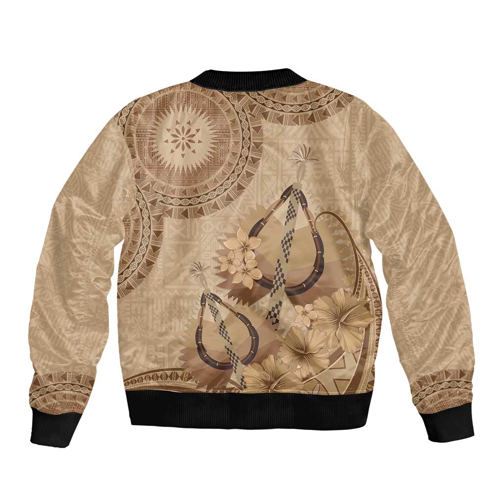 Brown Bula Fiji Bomber Jacket Fijian Dance Fan Tapa Cloth Pattern