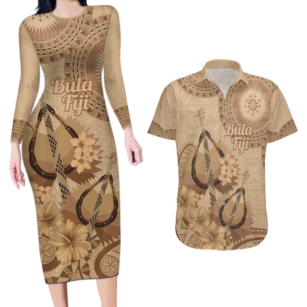 Brown Bula Fiji Couples Matching Long Sleeve Bodycon Dress and Hawaiian Shirt Fijian Dance Fan Tapa Cloth Pattern