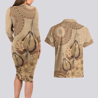 Brown Bula Fiji Couples Matching Long Sleeve Bodycon Dress and Hawaiian Shirt Fijian Dance Fan Tapa Cloth Pattern