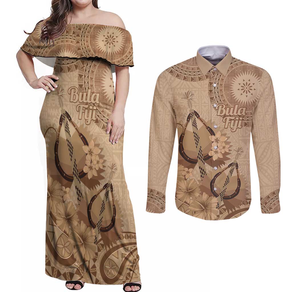 Brown Bula Fiji Couples Matching Off Shoulder Maxi Dress and Long Sleeve Button Shirt Fijian Dance Fan Tapa Cloth Pattern