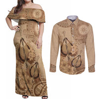 Brown Bula Fiji Couples Matching Off Shoulder Maxi Dress and Long Sleeve Button Shirt Fijian Dance Fan Tapa Cloth Pattern