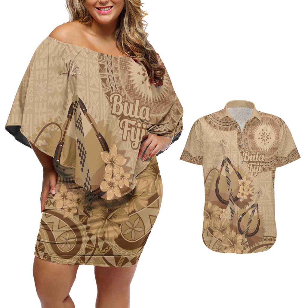 Brown Bula Fiji Couples Matching Off Shoulder Short Dress and Hawaiian Shirt Fijian Dance Fan Tapa Cloth Pattern