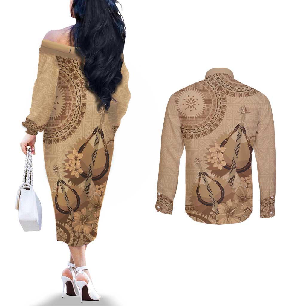 Brown Bula Fiji Couples Matching Off The Shoulder Long Sleeve Dress and Long Sleeve Button Shirt Fijian Dance Fan Tapa Cloth Pattern