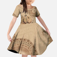 Brown Bula Fiji Family Matching Long Sleeve Bodycon Dress and Hawaiian Shirt Fijian Dance Fan Tapa Cloth Pattern