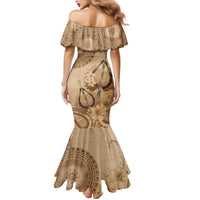 Brown Bula Fiji Family Matching Mermaid Dress and Hawaiian Shirt Fijian Dance Fan Tapa Cloth Pattern