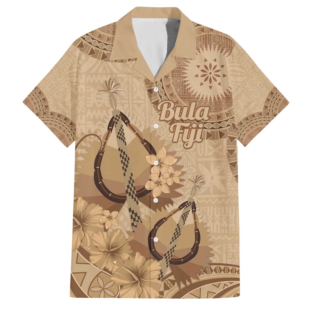 Brown Bula Fiji Family Matching Off The Shoulder Long Sleeve Dress and Hawaiian Shirt Fijian Dance Fan Tapa Cloth Pattern